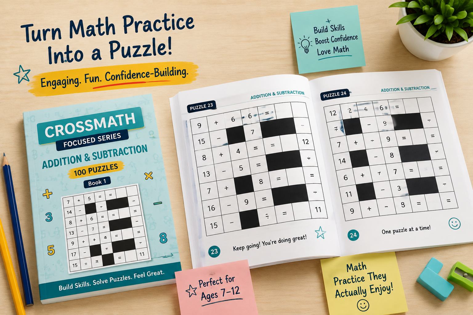 Child solving CrossMath puzzle book